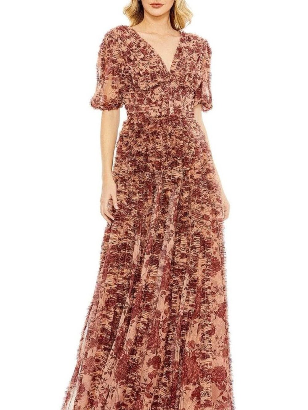 MAC DUGGAL Size 6 Orange Rose Floral 8013 V-Neck Ruffles Maxi Gown Dress NWT - Picture 6 of 15